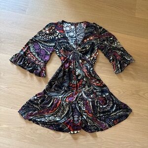 Betsey Johnson satin colorful dress tie waist flare